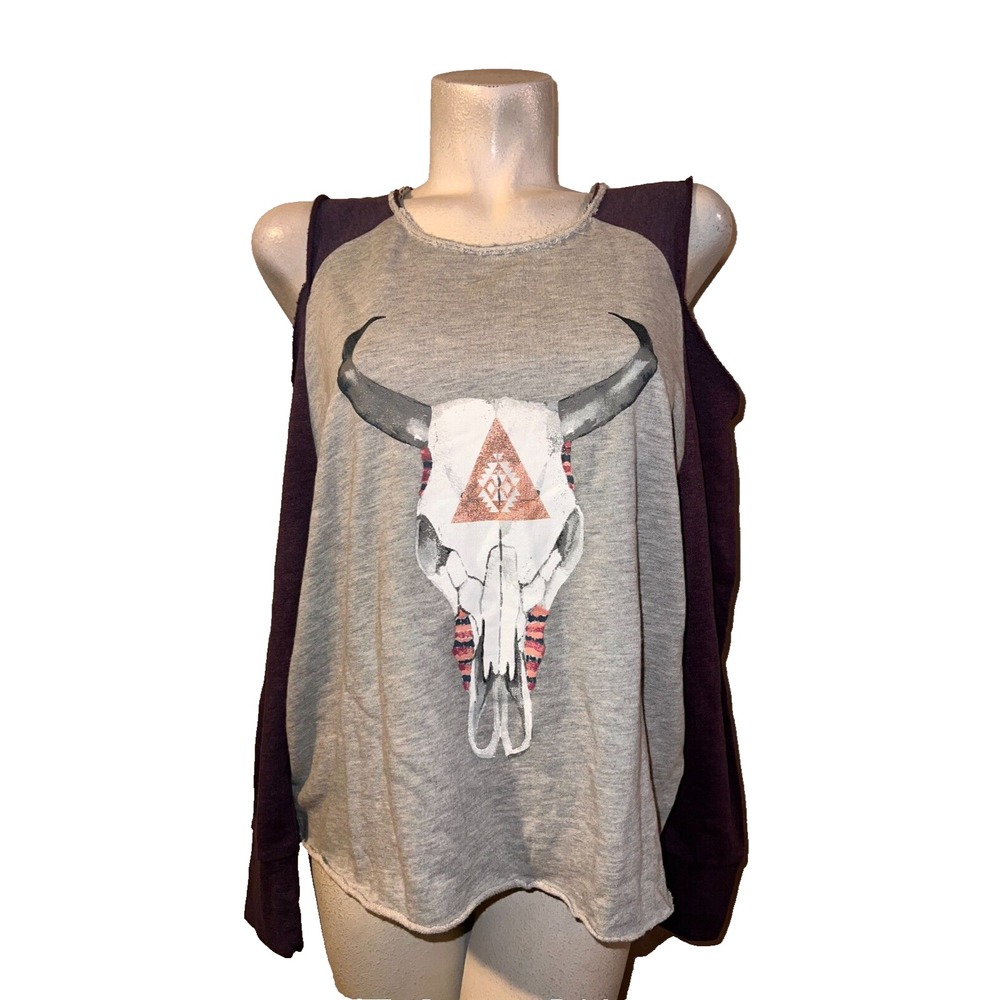 Grayson Threads Womens XXL Cold‎ Shoulder Sweatshirt Gray Purple Bull Skull Top